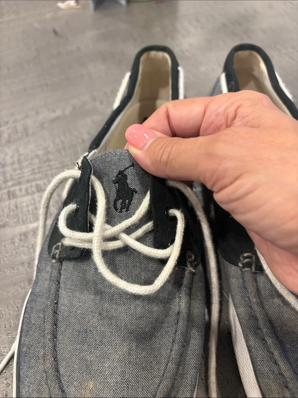 Polo by Ralph Lauren Denim like canvas and Navy Trim Boat Shoes with White Laces